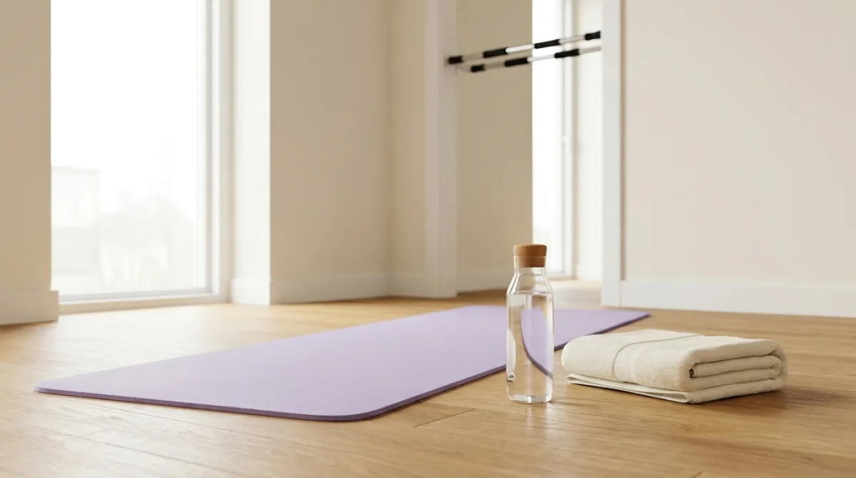 Canto de treino em casa com tapete de exercício e barra de porta