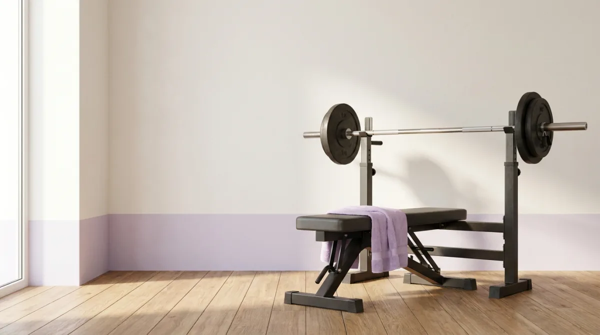 Banco de supino ajustável com barra olímpica carregada em um home gym claro