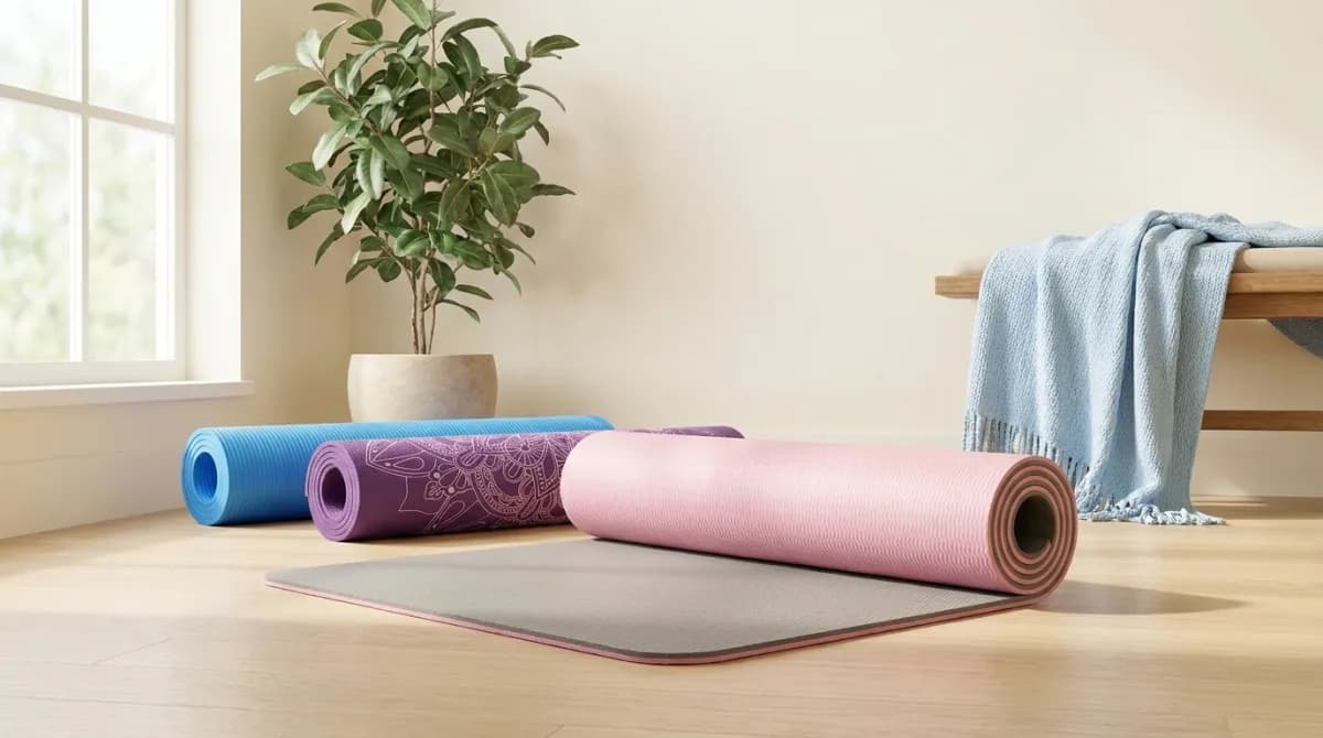 Tapetes de yoga Rubber Fit, Yangfit Mandala e Odin Fit num canto de treino em casa