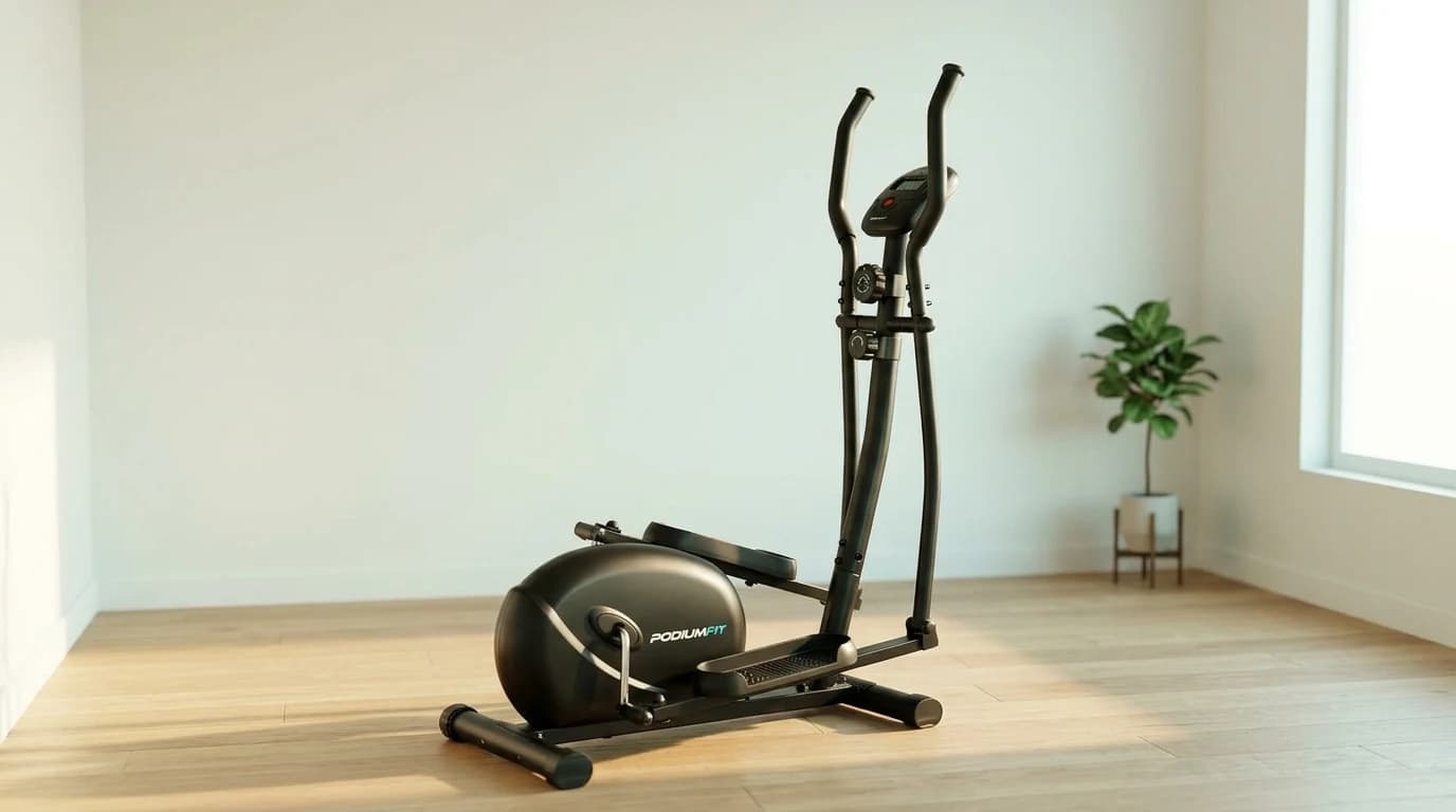 Aparelho elíptico PodiumFit L100 magnético em uma sala de estar clean
