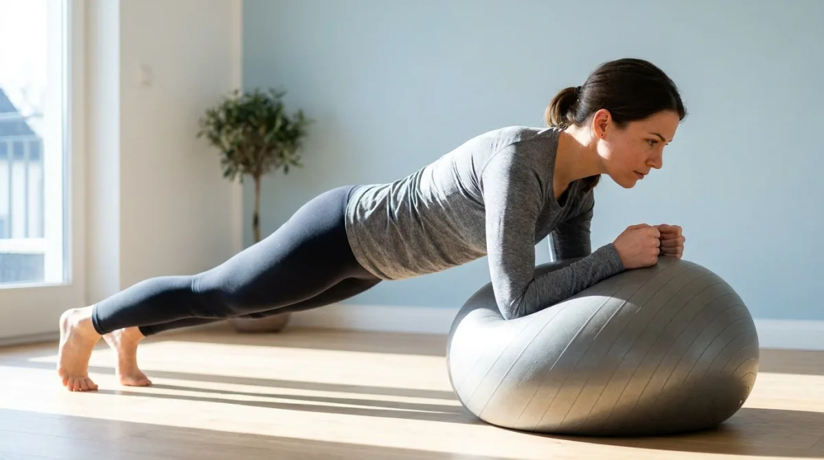 Mulher em prancha com os antebracos apoiados em uma bola de pilates cinza