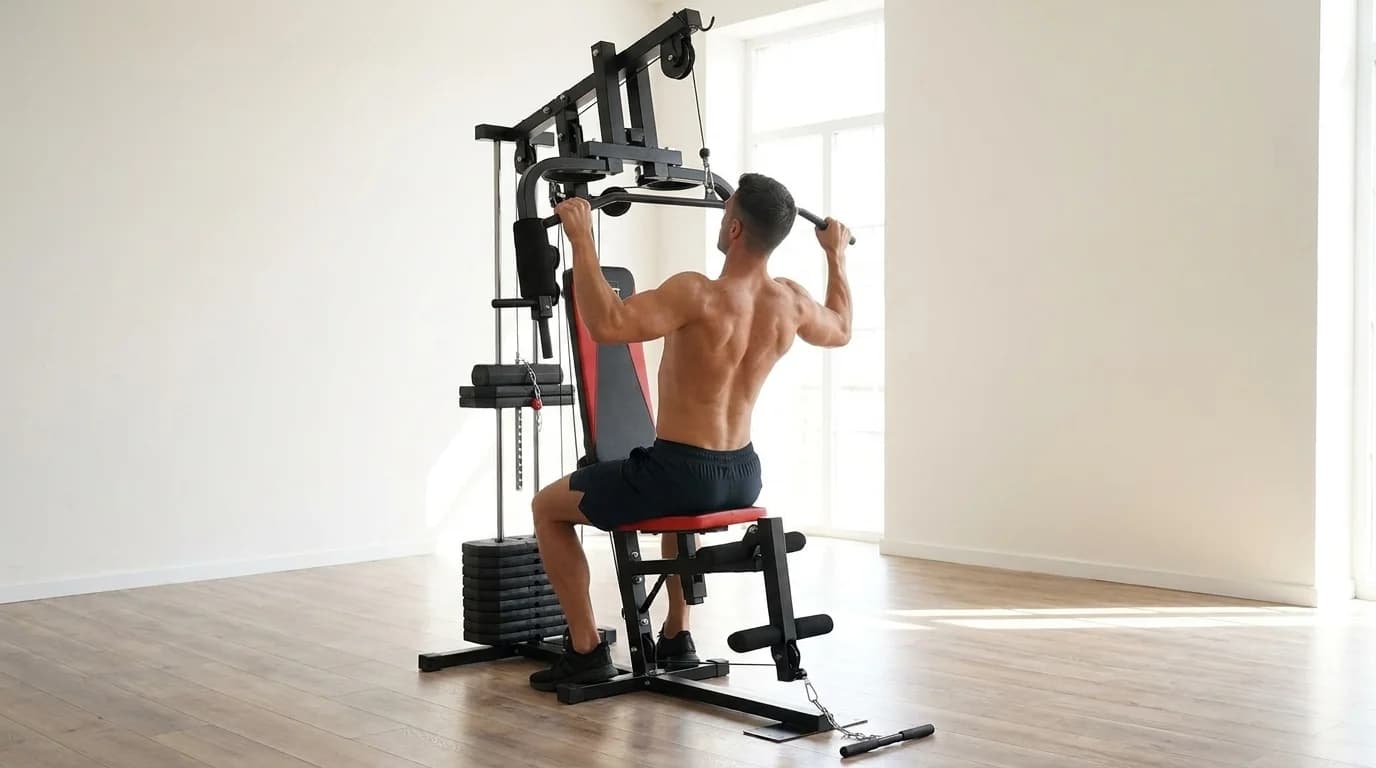 Homem fazendo puxada alta numa estação de musculação WCT Fitness em home gym claro