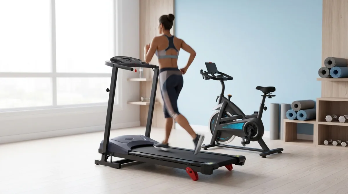Pessoa correndo na esteira ao lado de uma bicicleta de spinning em um home gym