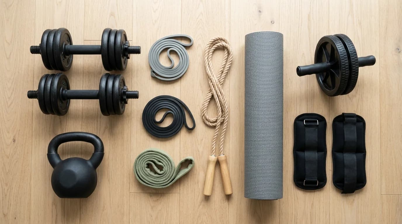 Kit academia em casa com halteres, kettlebell, elásticos, corda, tapete, roda abdominal e caneleiras sobre piso de madeira
