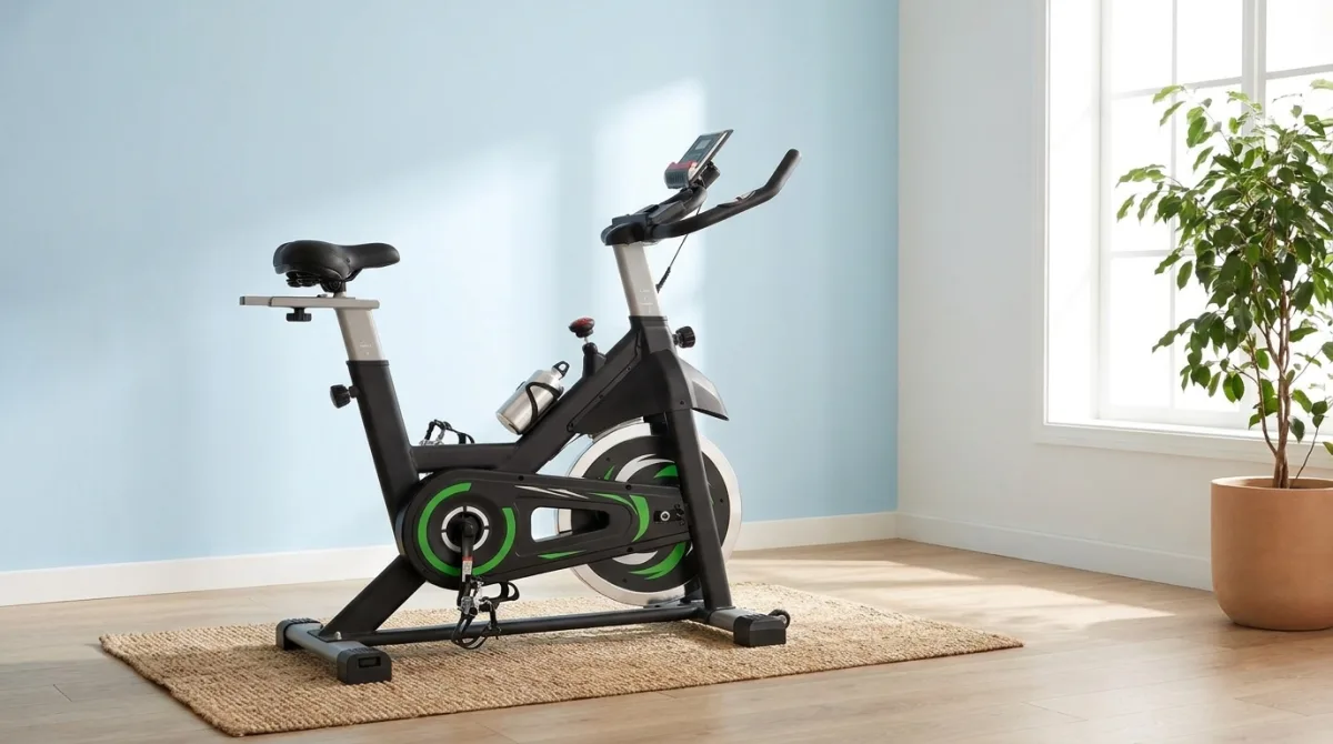 Bicicleta de spinning em um home gym claro com parede azul pastel