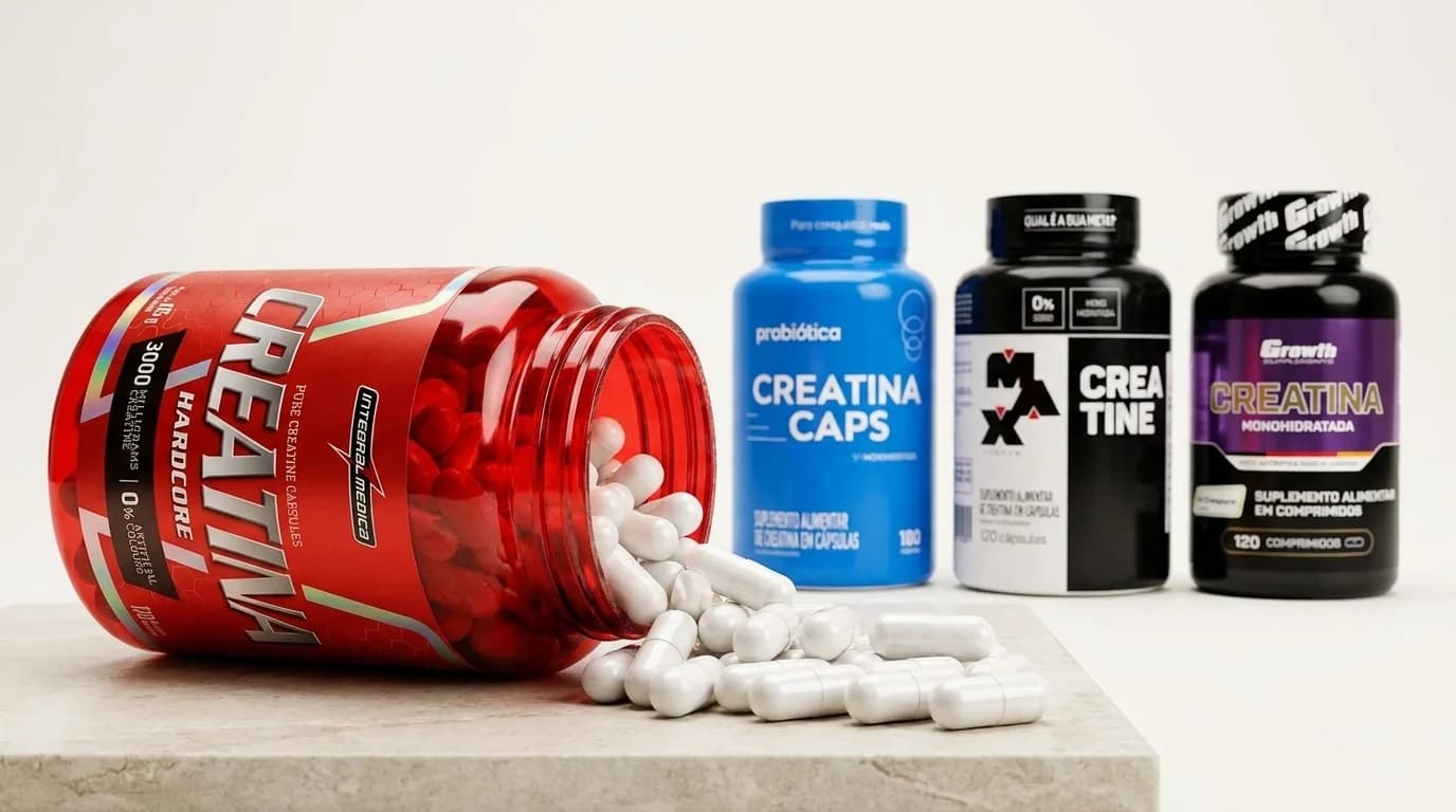 Creatinas em cápsulas Integralmédica Hardcore, Probiótica Caps, Max Titanium e Growth comprimidos com cápsulas espalhadas