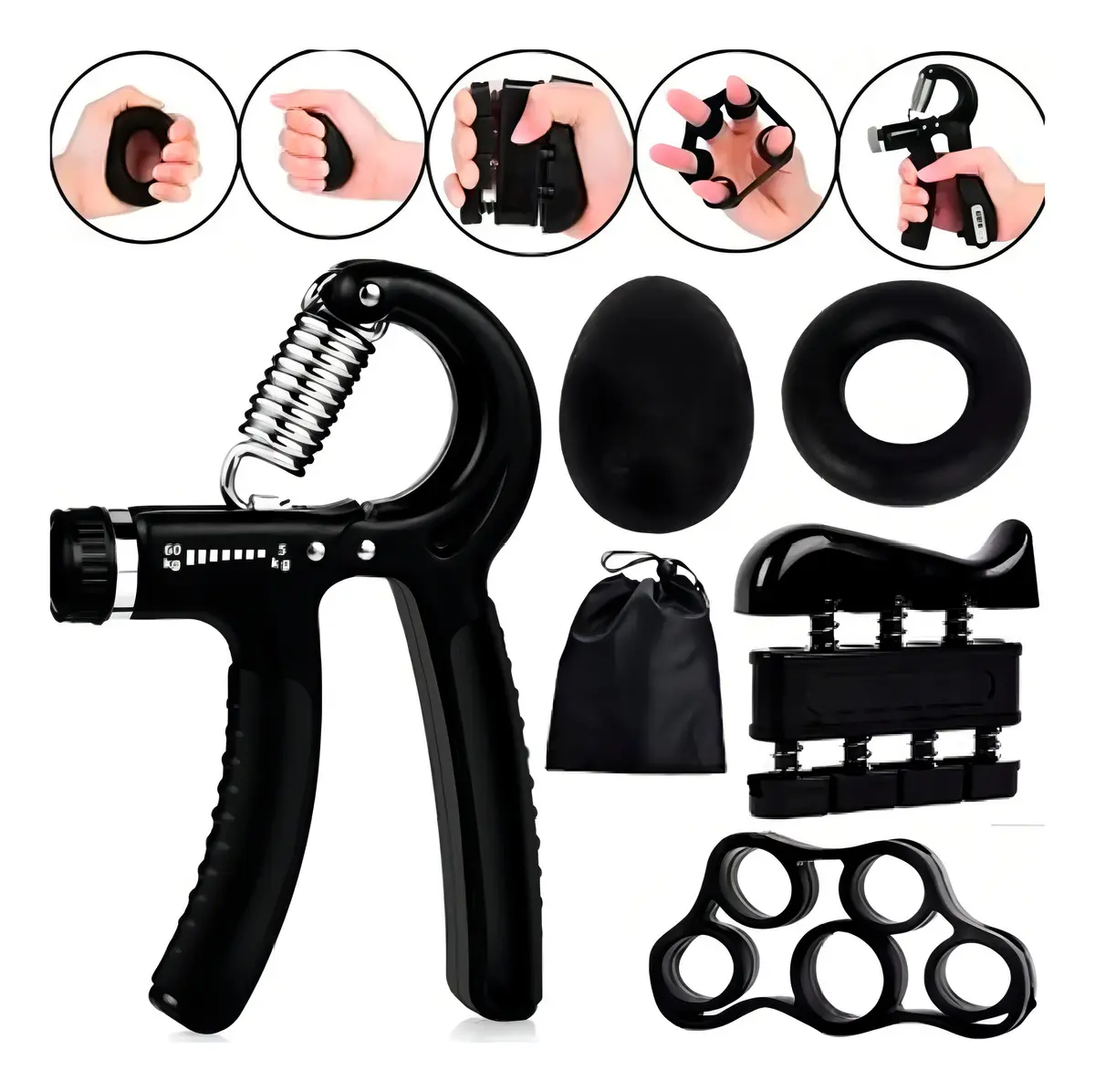 Kit Hand Grip ES Emporio 5 Peças Ajustável 5 a 60 kg com Bolsa