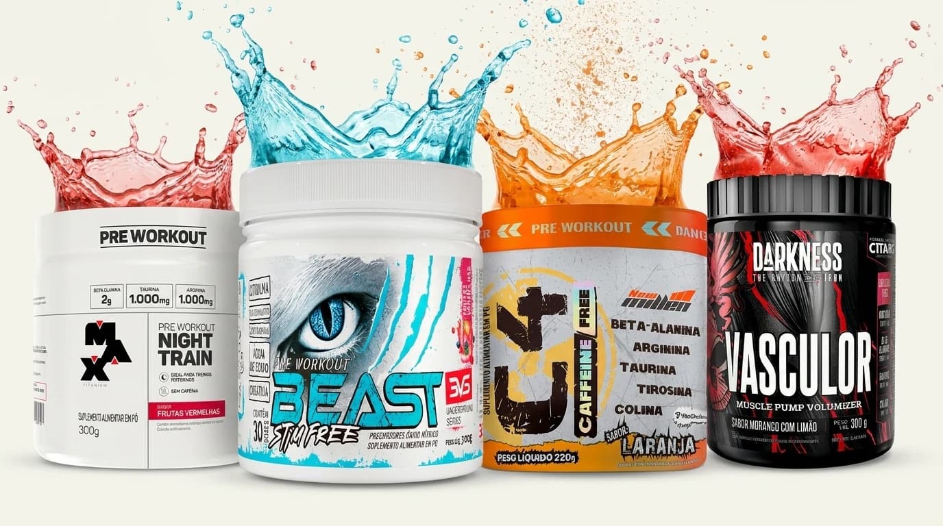 Pré-treinos sem cafeína Night Train, Beast Stim Free, C4 Caffeine Free e Vasculor com respingos coloridos