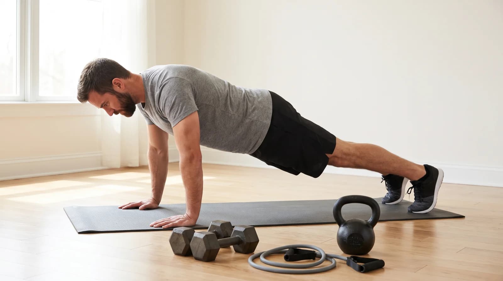 Homem fazendo flexão de braço sobre tapete com halteres, kettlebell e elástico no chão para treino full body em casa