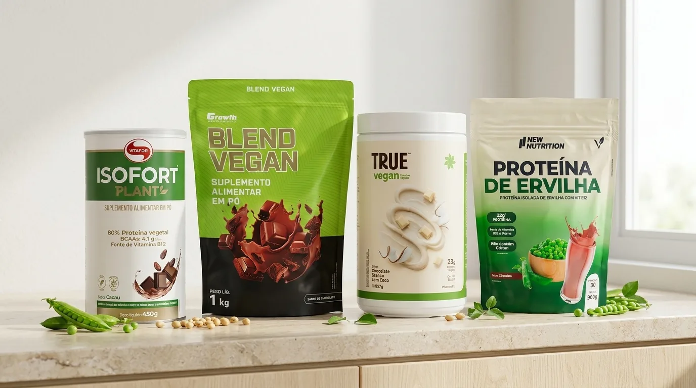 Whey vegano: Vitafor Isofort Plant, Growth Blend Vegan, True Vegan e New Nutrition Proteína de Ervilha sobre bancada