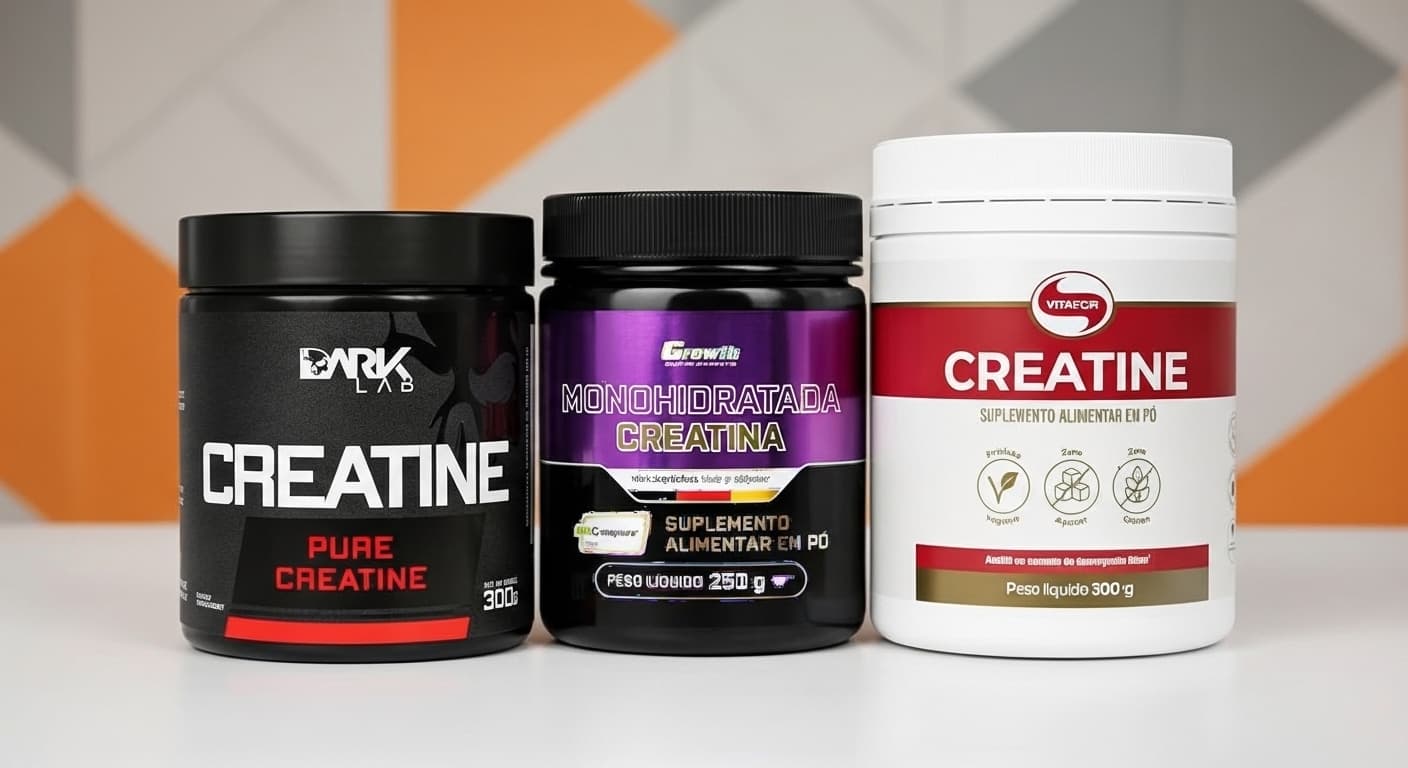 Creatinas monohidratadas mais vendidas do mercado, incluindo Dark Lab, Growth Supplements e Vitafor