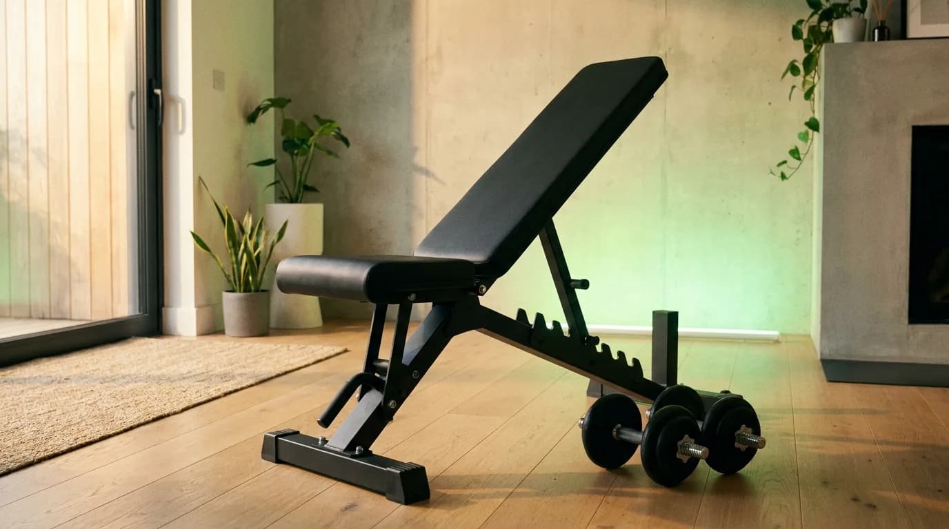 Banco de supino ajustável preto em um canto de home gym com halteres e luz natural — guia de compra gymcerto