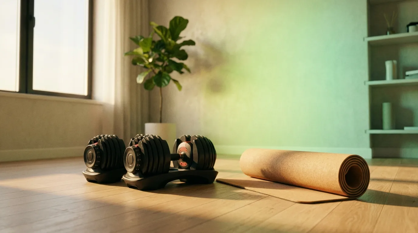 Halteres ajustáveis num canto de home gym com tapete e luz natural, prontos pra treino de força em casa — guia gymcerto