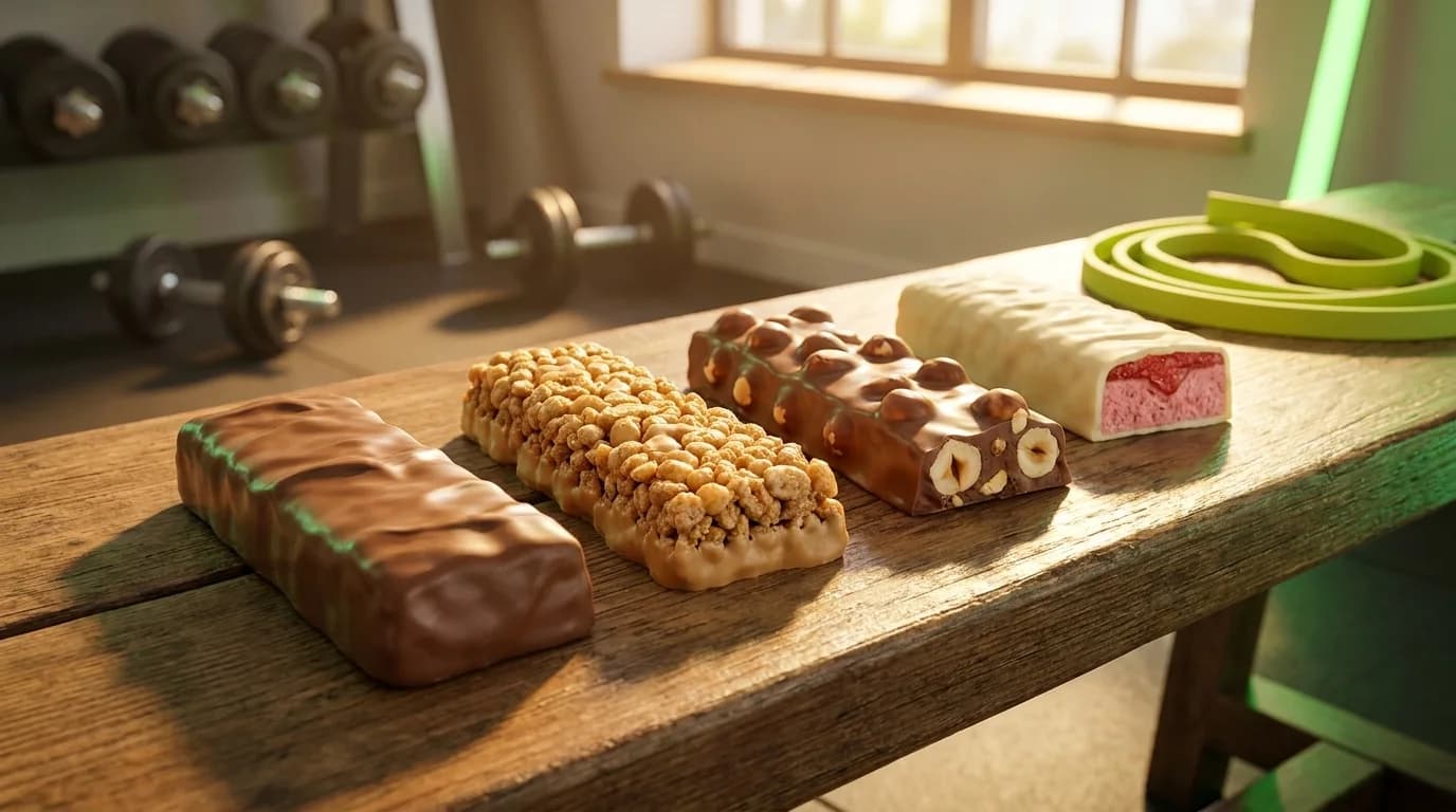 Quatro barras de proteína sobre banco de madeira num home gym: chocolate, crocante de cereal, avelã e morango com chocolate branco
