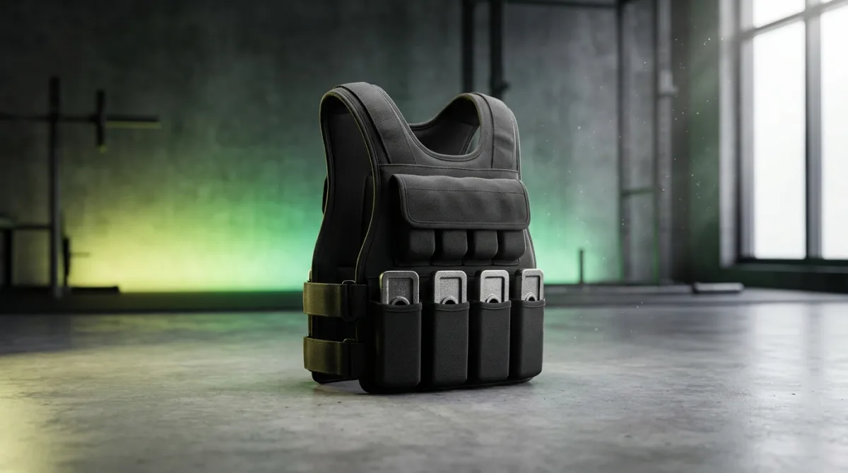 Colete de peso ajustável preto com bolsos de anilha em um home gym