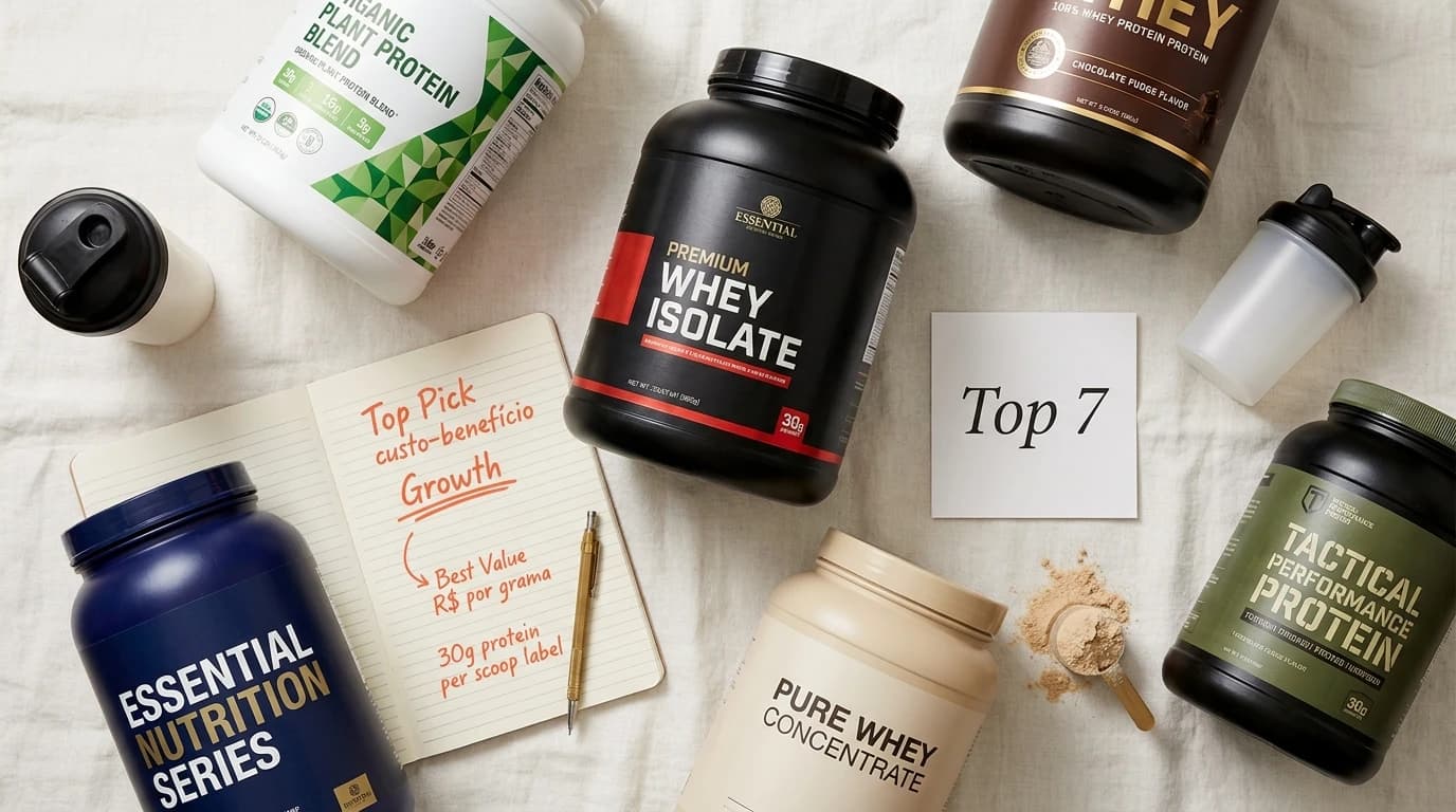 Composição flatlay editorial Wirecutter-style sobre fundo linho off-white com sete potes de whey protein de marcas variadas — Essential Whey Isolate Premium preto vermelho centro, Organic Plant Protein branco verde, Whey Protein Chocolate Fudge marrom, Essential Nutrition Series azul navy, Pure Whey Concentrate beige, Tactical Performance Protein verde militar — anotações handwritten warm orange Top Pick custo-benefício Growth Best Value R$ por grama 30g protein per scoop label brass mechanical pencil shaker branco card Top 7 serif scoop com pó beige derramado