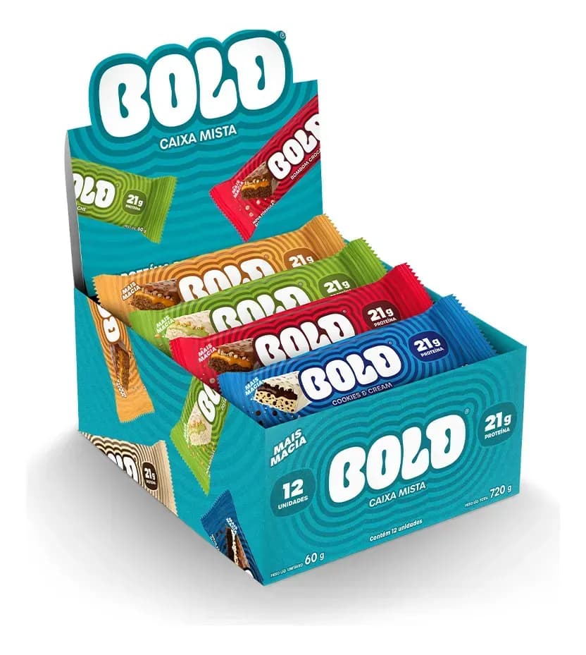 Bold Bar Caixa Mista 60g — Barra de Proteína 12 Unidades (21g de Proteína)