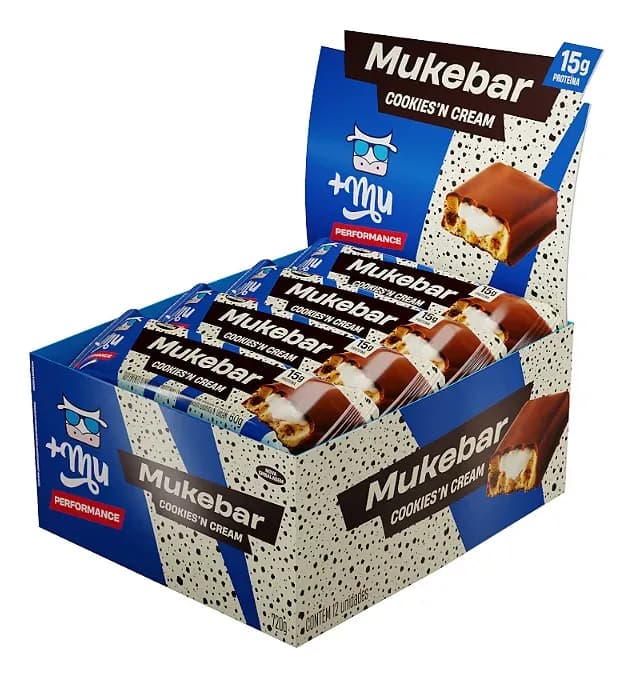Mukebar +Mu Cookies’n Cream Sem Açúcar — Barra de Proteína 12 Unidades (15g)