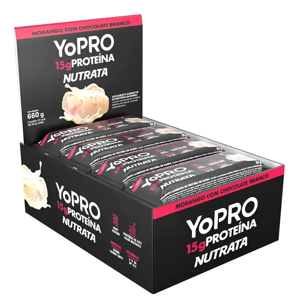 Nutrata Yopro 55g C/ 12 Barras – Morango Com Chocolate Branco