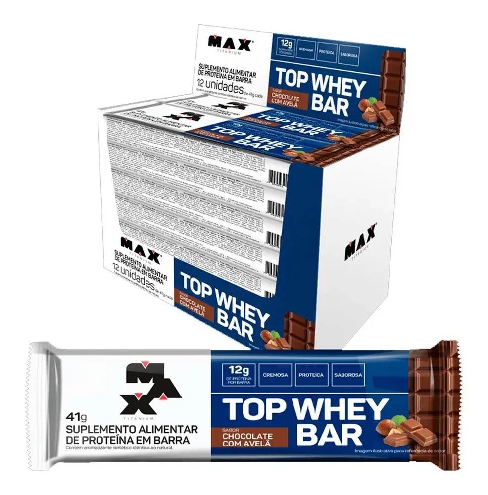 Top Whey Bar Max Titanium Chocolate com Avelã — Caixa 12 Unidades