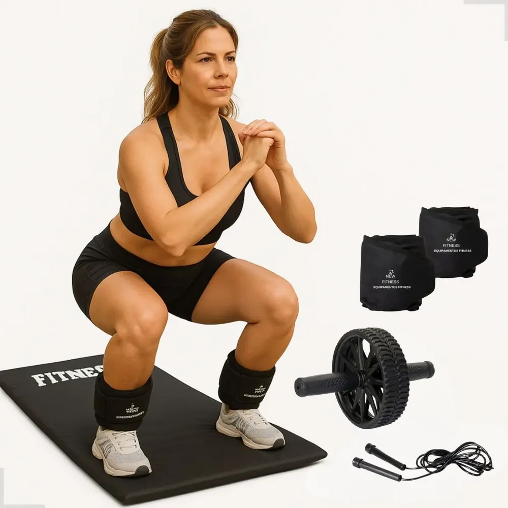 Kit Roda Abdominal + Corda + Colchonete + Par de Caneleiras 3kg New Sports