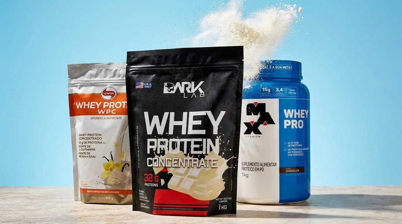 Whey protein concentrado Dark Lab ao lado do Vitafor Whey WPC e do Max Titanium Whey Pro