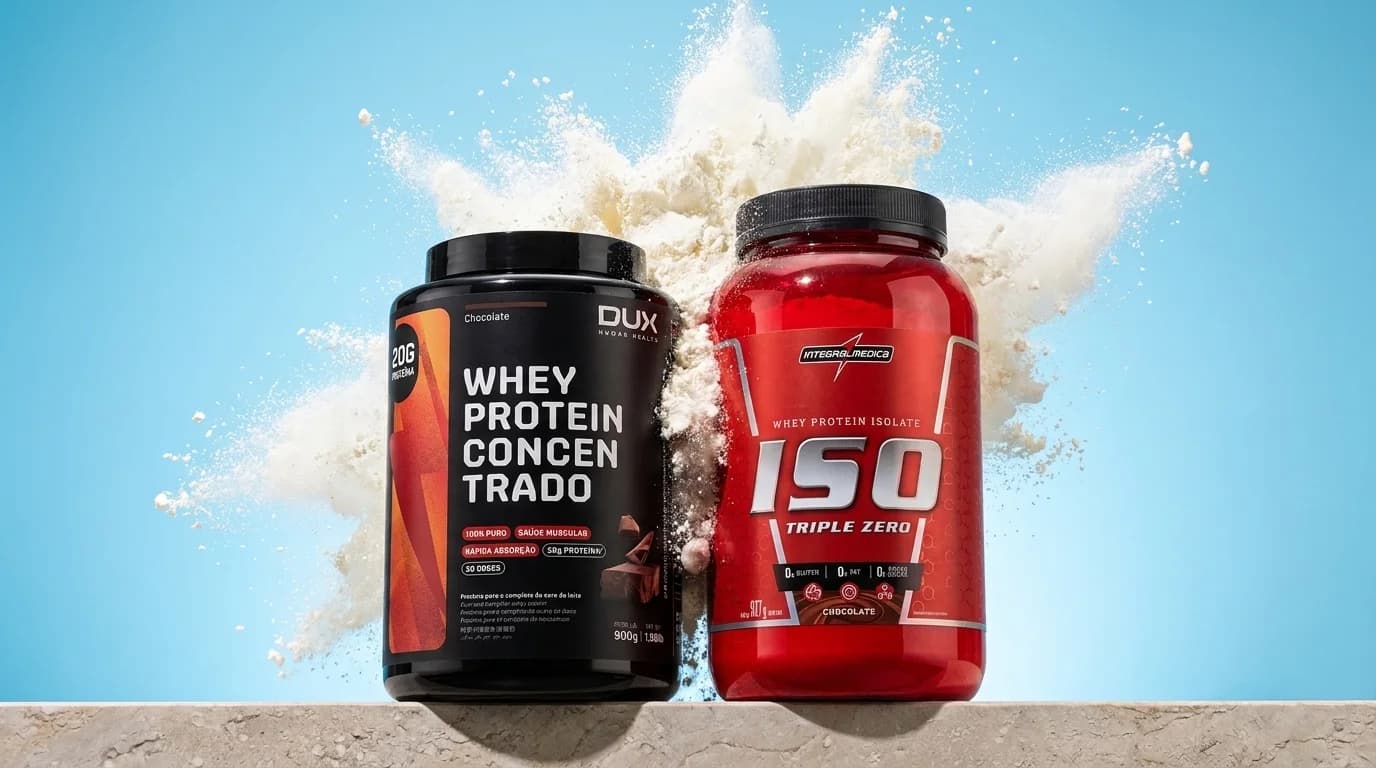 Pote de whey protein concentrado Dux ao lado do whey isolado ISO Triple Zero Integralmédica com explosão de pó