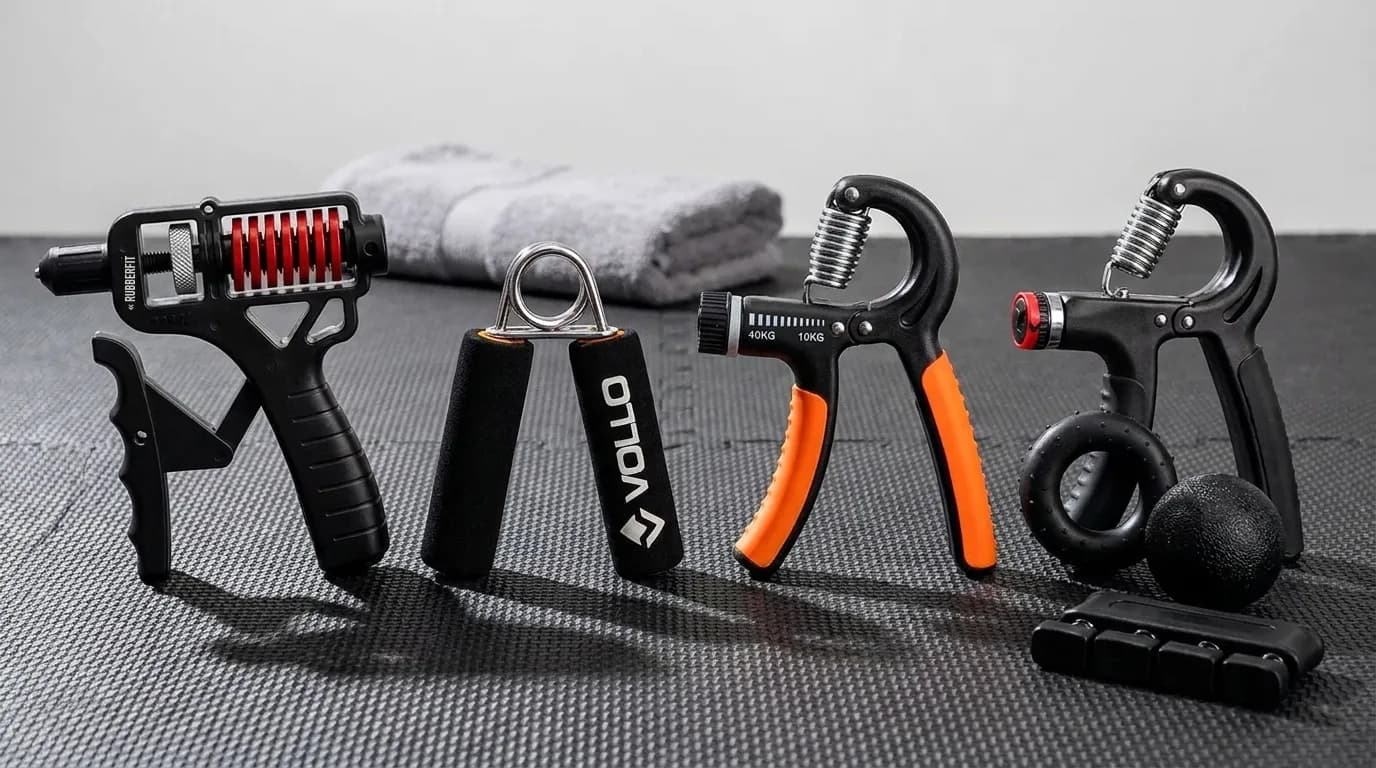 Hand grip: Rubber Fit ajustável, par Vollo, Acte T99 e kit com anel e bola sobre piso de academia
