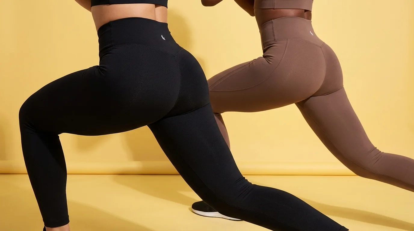 Duas mulheres em afundo usando legging para academia preta e marrom de cintura alta
