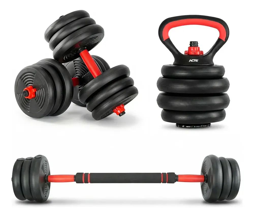 Kit Halteres Ajustável 6 em 1 ACTE S200 até 20kg Barra Longa Kettlebell — review e melhor preço | gymcerto