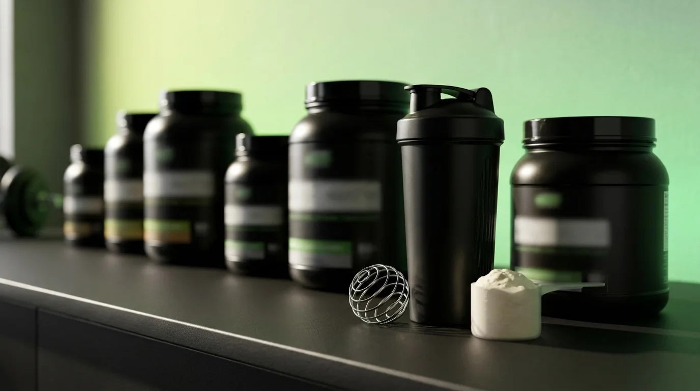 Fileira de potes de pré-treino pretos com shaker e dosador de pó numa bancada de academia, comparativo de melhor pré-treino custo-benefício